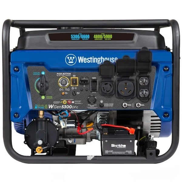 westinghouse wgen5300dfc – 5300 watt electric start dual fuel portables generators w/ wireless remote start, rv outlet & co sensor (49 state) westinghouse wgen5300dfc – 5300 watt electric start dual fuel portables generators w/ wireless remote start, rv outlet & co sensor (49 state)