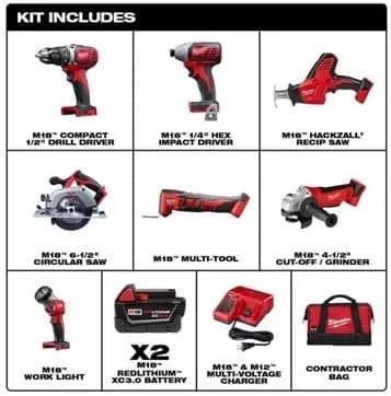 B088G34KK4-1-1756242016979-1.webp Milwaukee M18 Cordless Combo Kit (7-Tool) with Two 3.0 Ah Batteries, Charger and Tool Bag - Image 2
