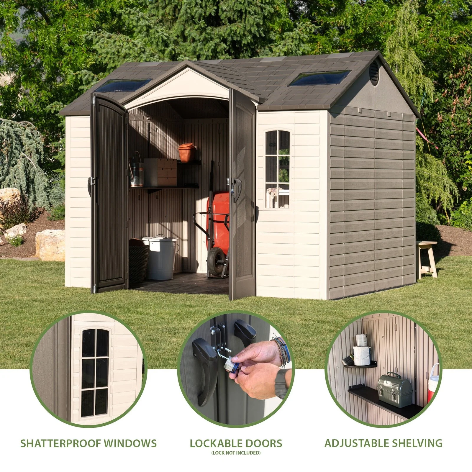 lifetime lockable polyethylene outdoor storage shed, 10′ x 8′, tan & browns (60005) lifetime lockable polyethylene outdoor storage shed, 10′ x 8′, tan & browns (60005)