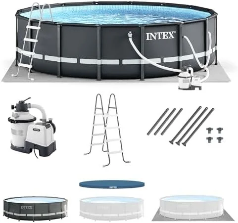 intex ultra xtr frame 14′ x 42″ round above ground outdoor swimming pool set with sand filter pump, ladder, ground cloth, and pool covers intex ultra xtr frame 14′ x 42″ round above ground outdoor swimming pool set with sand filter pump, ladder, ground cloth, and pool covers